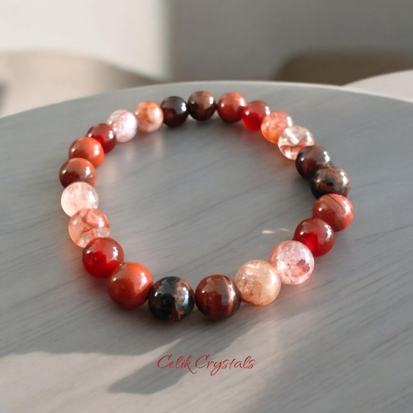 Fire Quartz, Red Tiger Eye, Carnelian & More Crystals Bracelet Unisex 8mm - Picture 2 of 9
